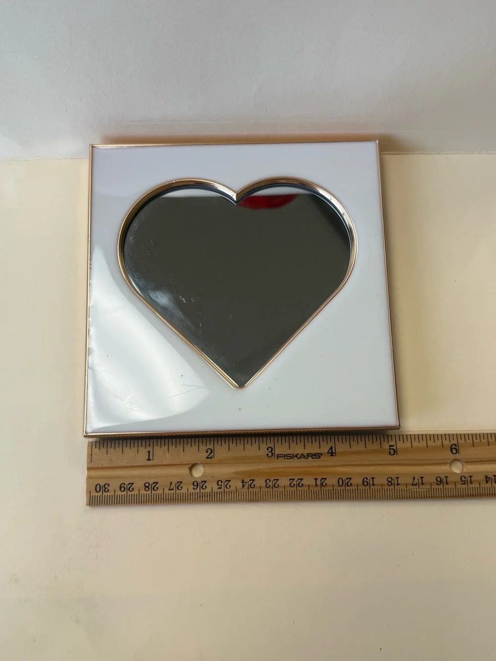 White Enamel and Rose Gold Decorative Heart Shaped Desk Mirror with Frame Stand